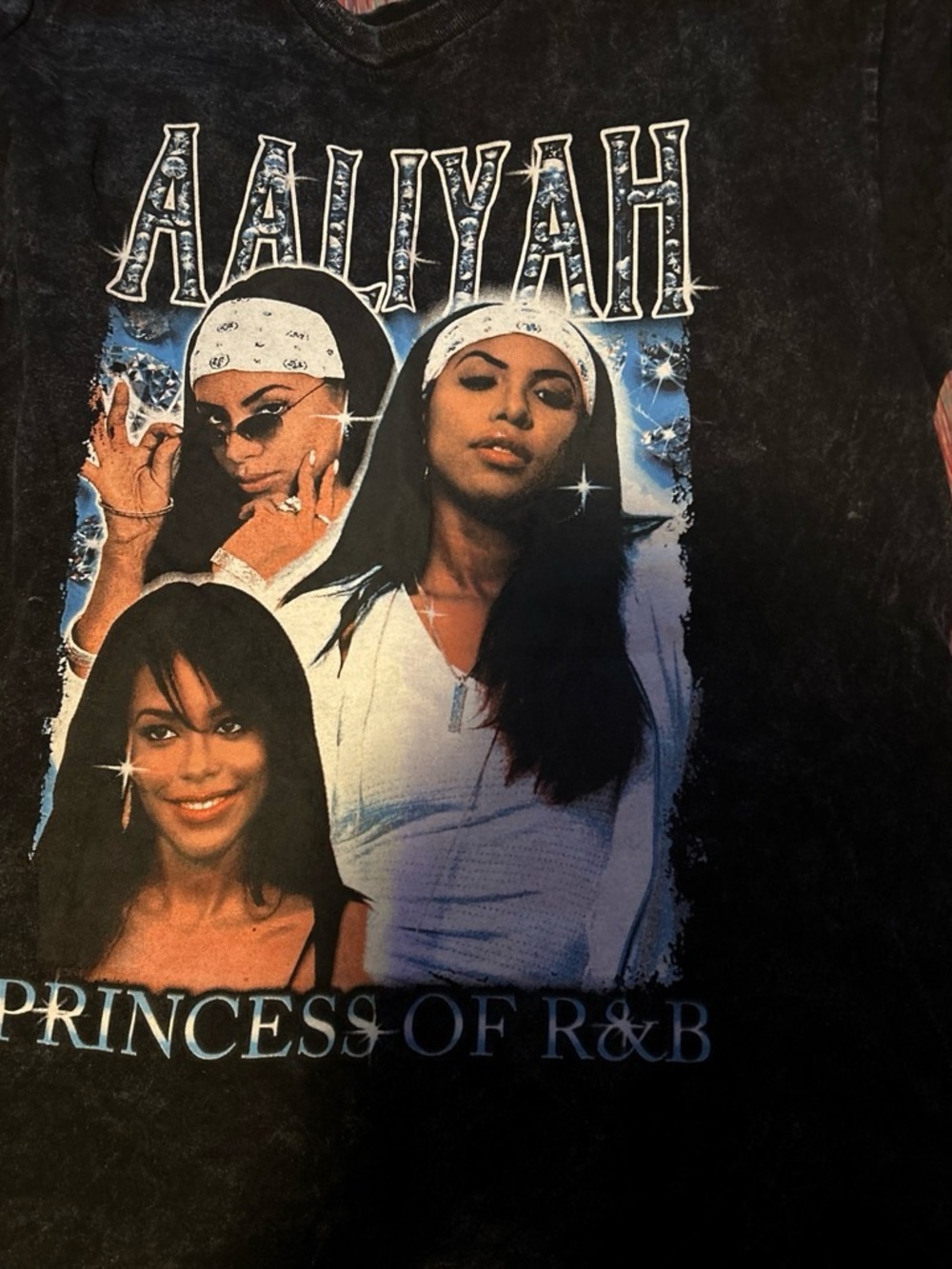 Aaliyah Princess of R&B Vintage Graphic Tee - Black with Blue/White Print